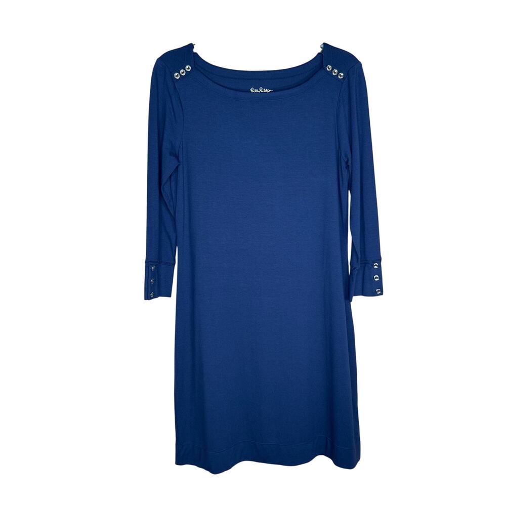Lilly Pulitzer Blue Sophie UPF 50+ Dress Medium NWT Gold Button Detail Shoulder